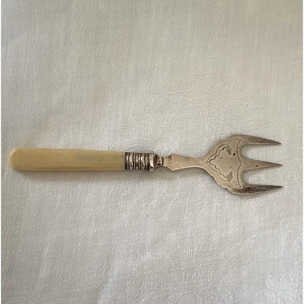 Antique Silverplate Fork 3 Tine Serving Fork Ivory Plastic Handle EPNS